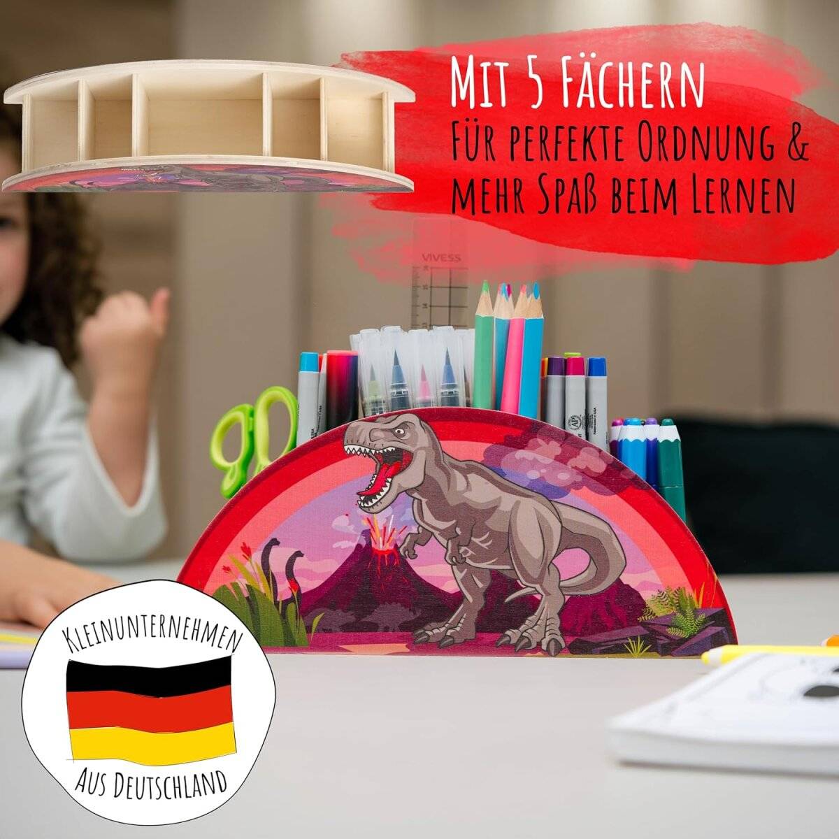 WAGOMA Kinderpennenhouder [5 compartimenten] Stevige houten bureau-organizer Dinosaurus-3