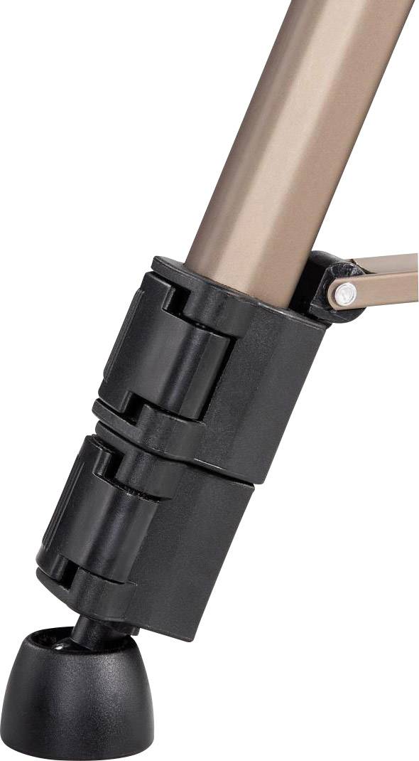 Close-up van een verstelmechanisme aan een statief met zwarte klemmen en een rubberen voet op een metalen constructie.