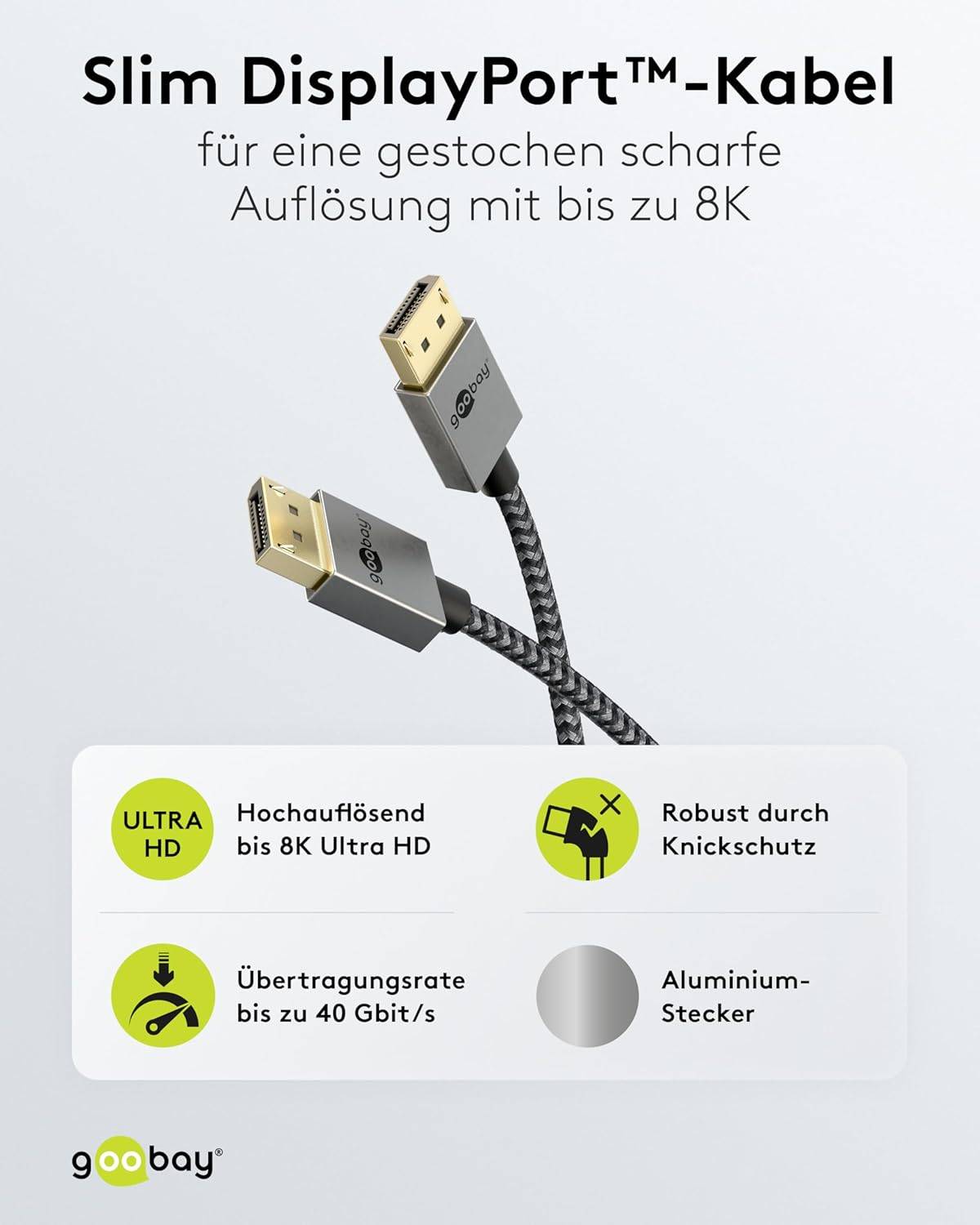 Goobay Plus DisplayPort kabel | Slimline | DP2.1 (10K 60Hz) | UHBR10 (40Gbit/s) | 1 meter-1