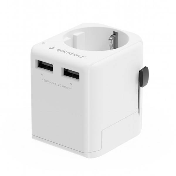 Gembird reisadapter met USB lader | 2x USB-A | 12W