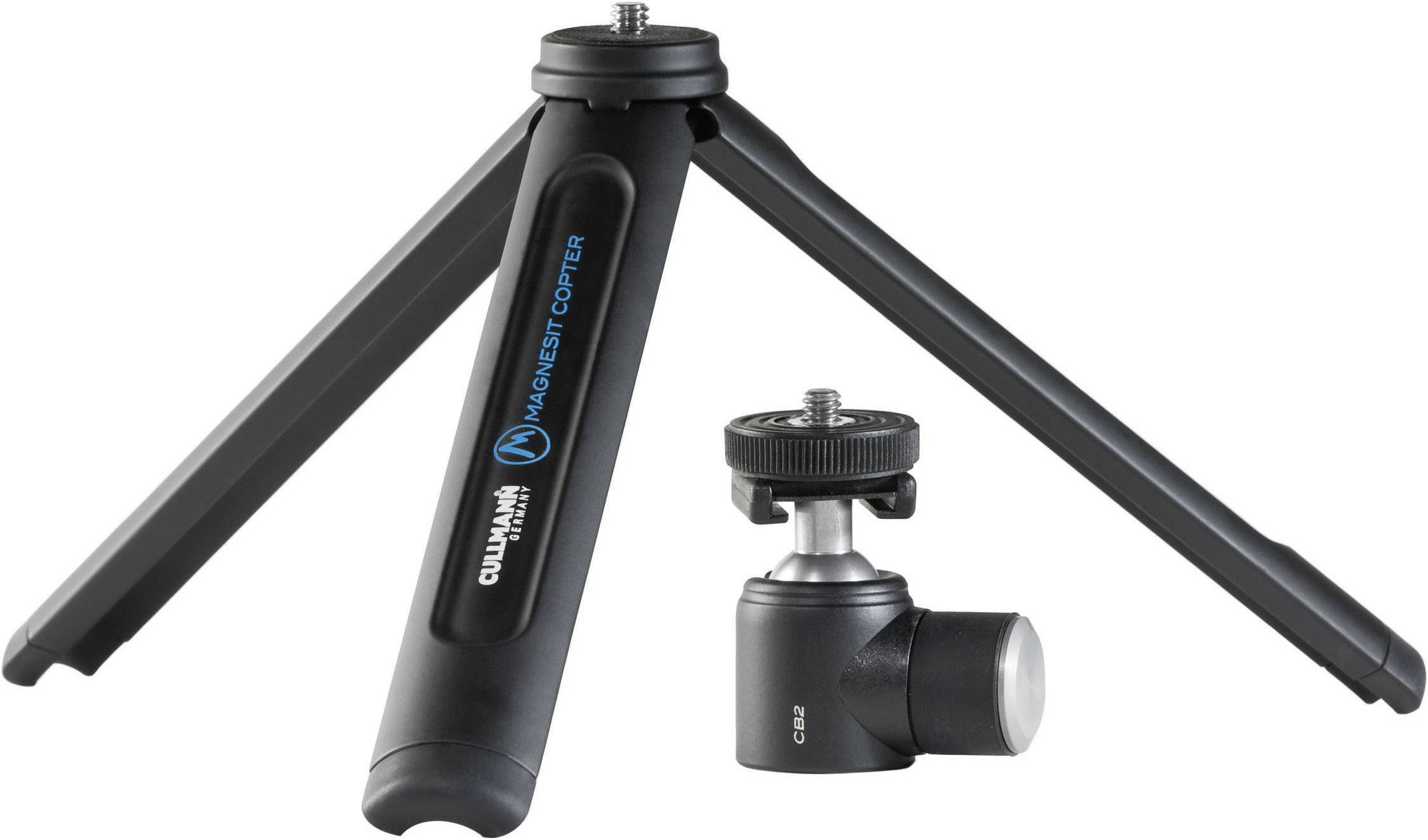 Klein zwart statief met drie uitklapbare poten. Een afneembare, verstelbare kop ligt ernaast. Ideaal voor compacte camera's.