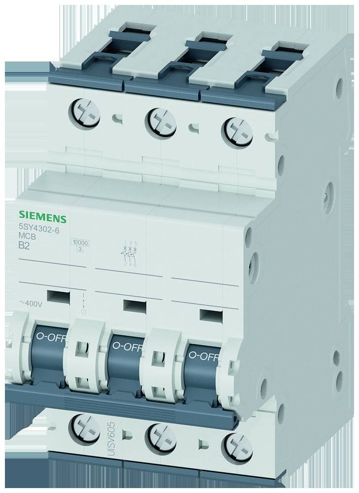 Siemens - 5SY4302-6 - Miniature circuit breaker 400V AC 10kA, 3-pole, B, 2A, T=70mm