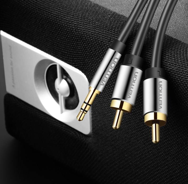 Vention 3,5 mm mannelijk naar 2RCA mannelijk audiokabel 2 meter zwart metalen type-1