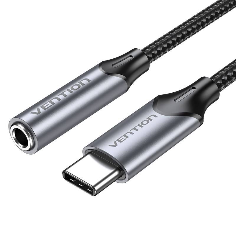Vention USB-C mannelijk naar 3,5 mm koptelefoonaansluiting met DAC-adapter 0,1 m grijs aluminiumlegering type-0