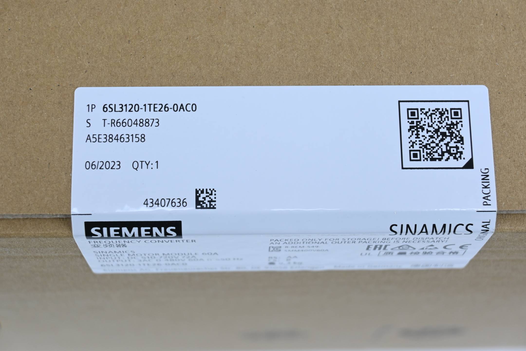 Siemens 6SL3120-1TE26-0AC0 - SINAMICS S120 enkelvoudige motormodules ingang: DC 600V-1
