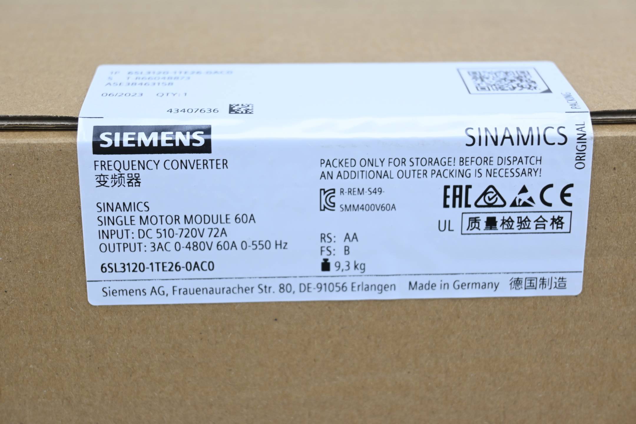 Siemens 6SL3120-1TE26-0AC0 - SINAMICS S120 enkelvoudige motormodules ingang: DC 600V-2