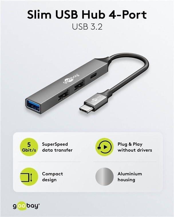Goobay Slim 4-poorts USB-hub, USB-C™ naar USB-C™/USB-A, USB 3.2 - USB-C™-stekker > 1x USB-A-aansluiting (USB 3.2), 1x...-1