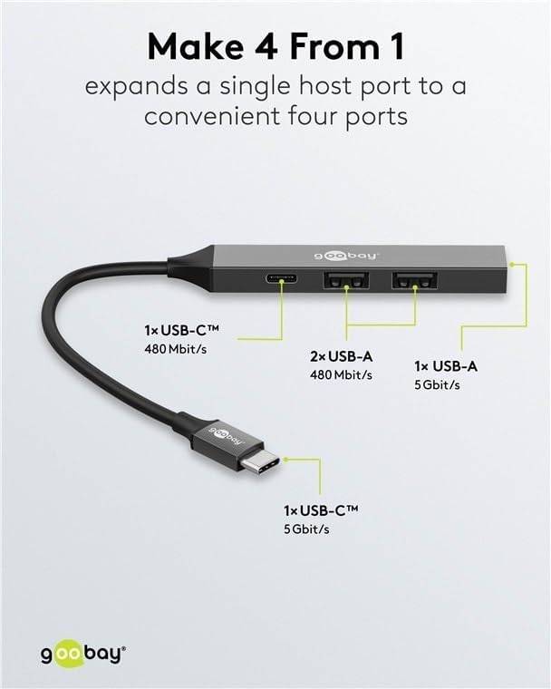 Goobay Slim 4-poorts USB-hub, USB-C™ naar USB-C™/USB-A, USB 3.2 - USB-C™-stekker > 1x USB-A-aansluiting (USB 3.2), 1x...-2