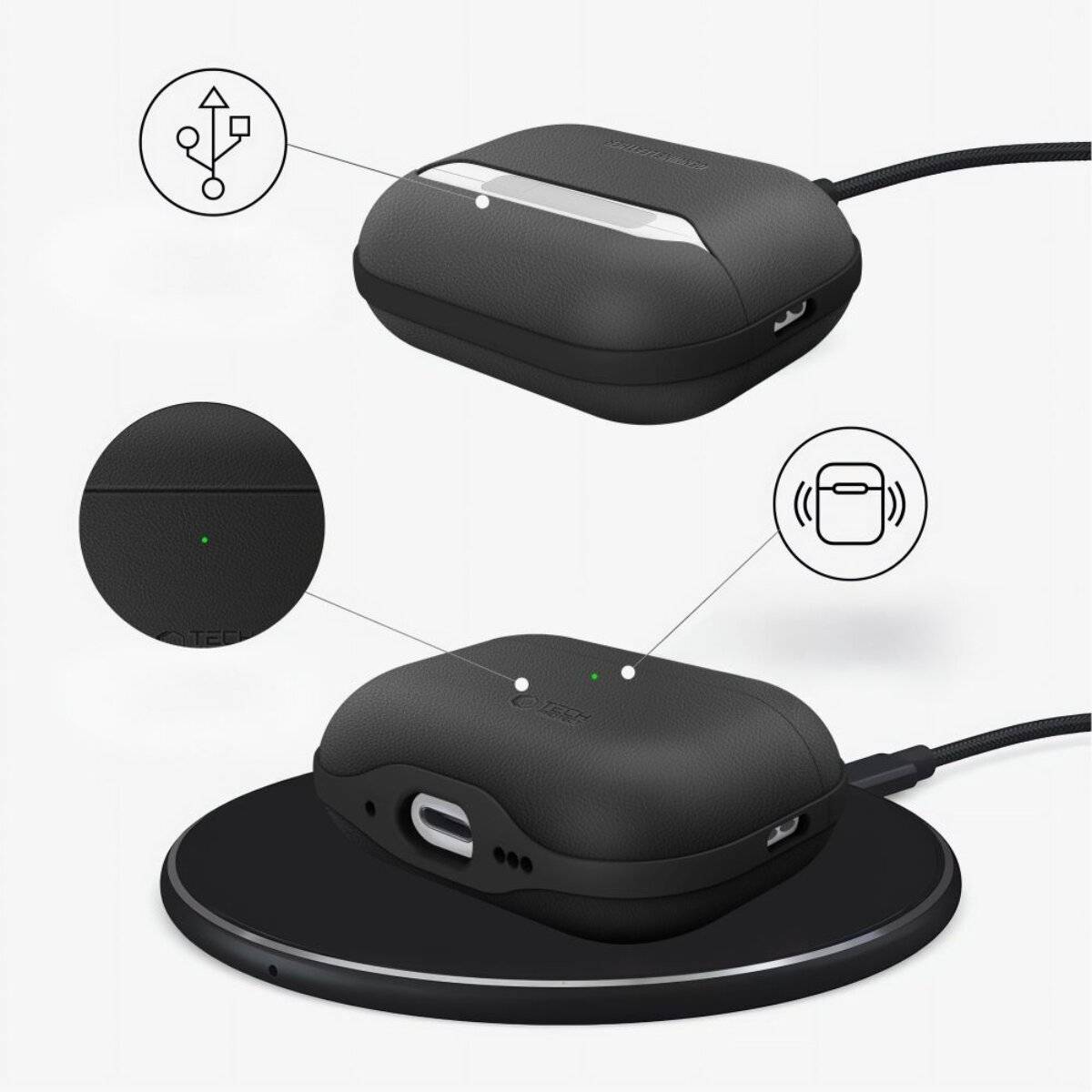 Tech-Protect NaturalFit leren hoesje voor AirPods Pro 3 met draagriem, zwart-3