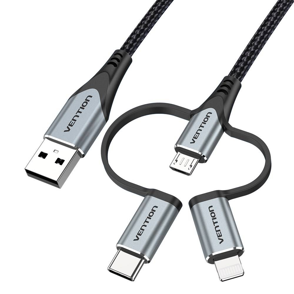 Vention USB 2.0 A mannelijk naar 3-in-1 Micro-B & USB-C & Lightning mannelijk kabel 1M grijs aluminiumlegering type-5