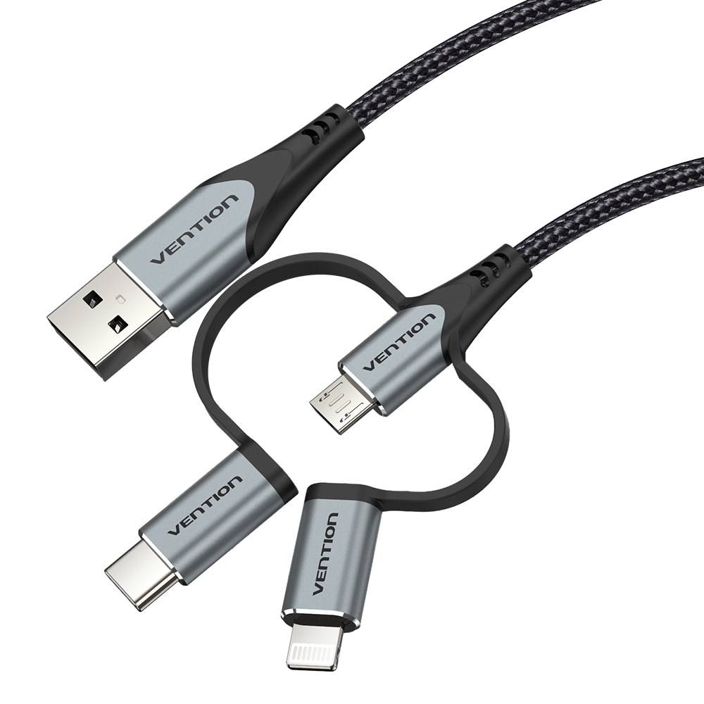 Vention USB 2.0 A mannelijk naar 3-in-1 Micro-B & USB-C & Lightning mannelijk kabel 1M grijs aluminiumlegering type-6