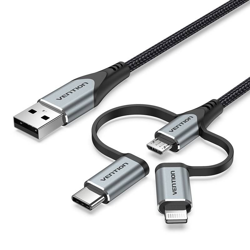 Vention USB 2.0 A mannelijk naar 3-in-1 Micro-B & USB-C & Lightning mannelijk kabel 1M grijs aluminiumlegering type-0