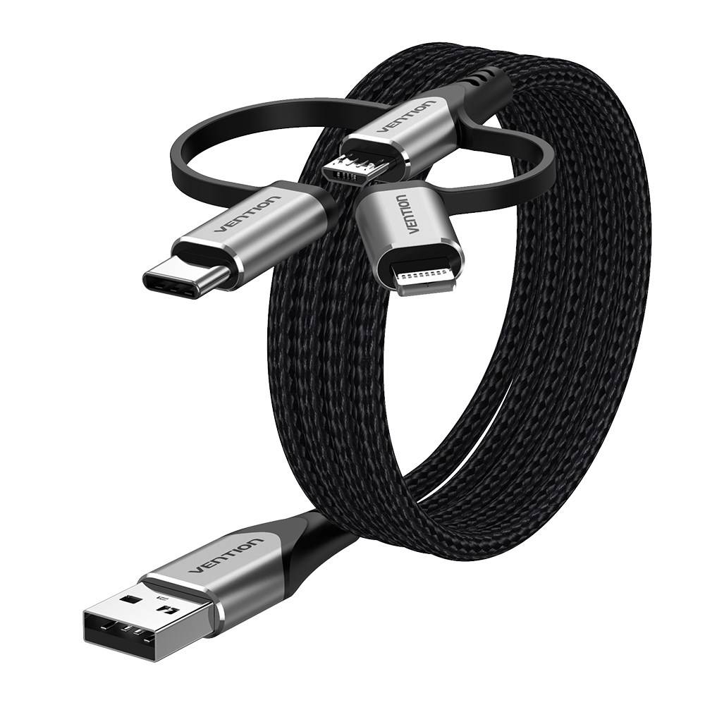 Vention USB 2.0 A mannelijk naar 3-in-1 Micro-B & USB-C & Lightning mannelijk kabel 1M grijs aluminiumlegering type-1