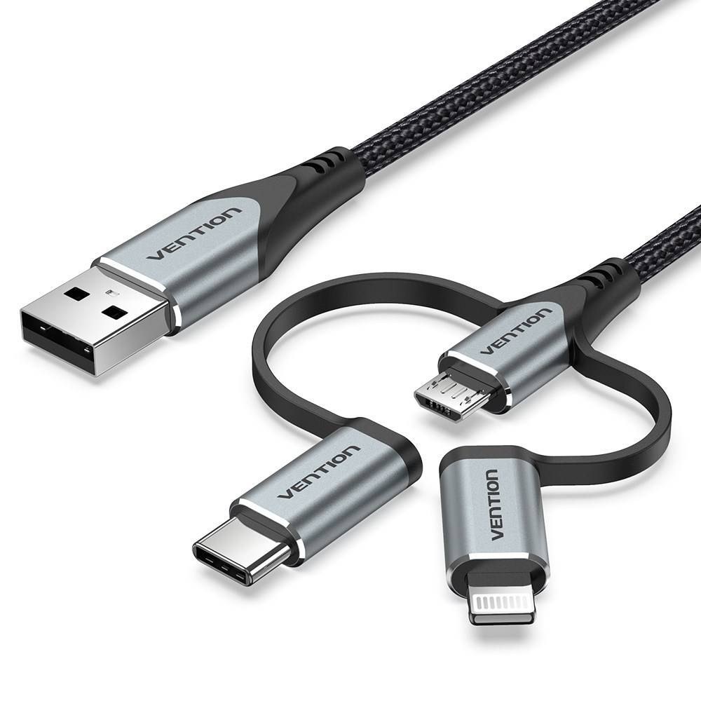 Vention USB 2.0 A mannelijk naar 3-in-1 Micro-B & USB-C & Lightning mannelijk kabel 1M grijs aluminiumlegering type-2