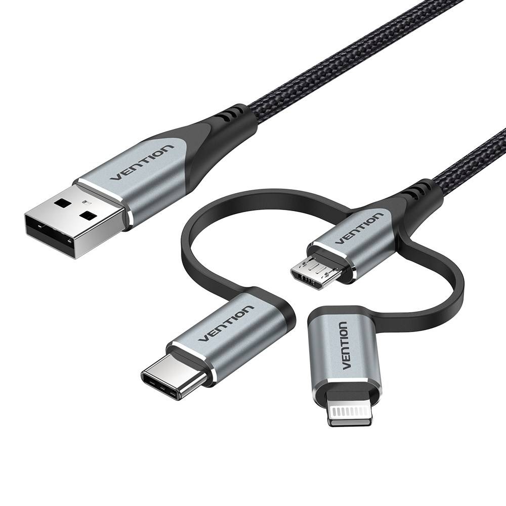 Vention USB 2.0 A mannelijk naar 3-in-1 Micro-B & USB-C & Lightning mannelijk kabel 1M grijs aluminiumlegering type-3