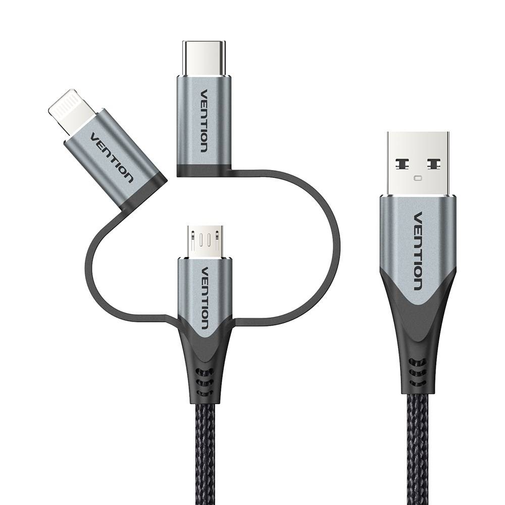 Vention USB 2.0 A mannelijk naar 3-in-1 Micro-B & USB-C & Lightning mannelijk kabel 1M grijs aluminiumlegering type-4