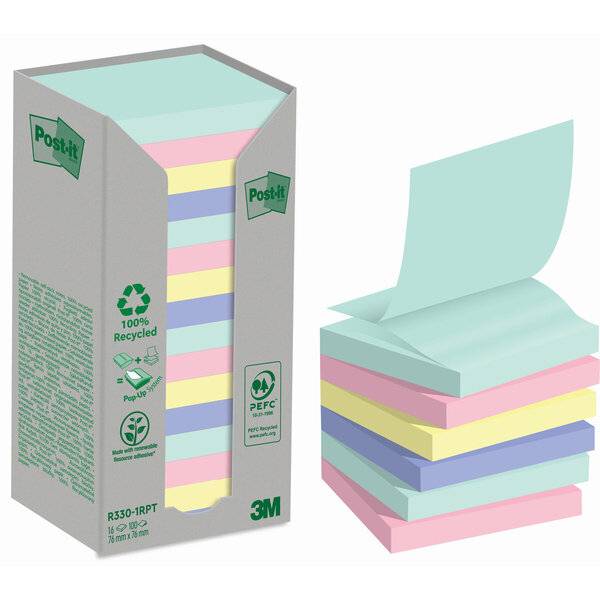 Post-it 4054596926738 Post-it recycled notes - recycled Z-notes, 100 vel, ft 76 x 76 mm, assorti, pak van 16 blokken-0