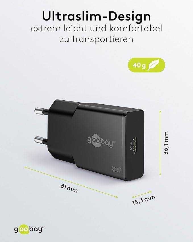 Goobay slim USB lader | USB-C PD | GaN | 20W | zwart-2