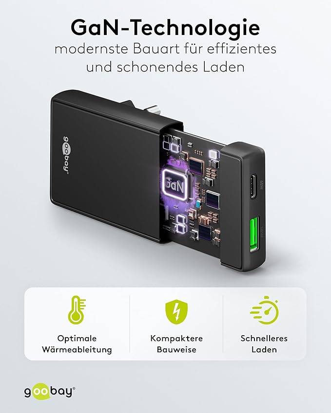 Goobay flat USB lader | USB-C PD + USB-A QC | GaN | 65W | zwart-3
