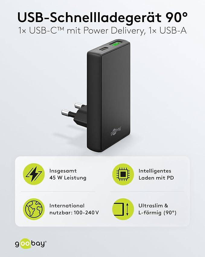 Goobay flat USB lader | USB-C PD + USB-A QC | GaN | 45W | zwart-1