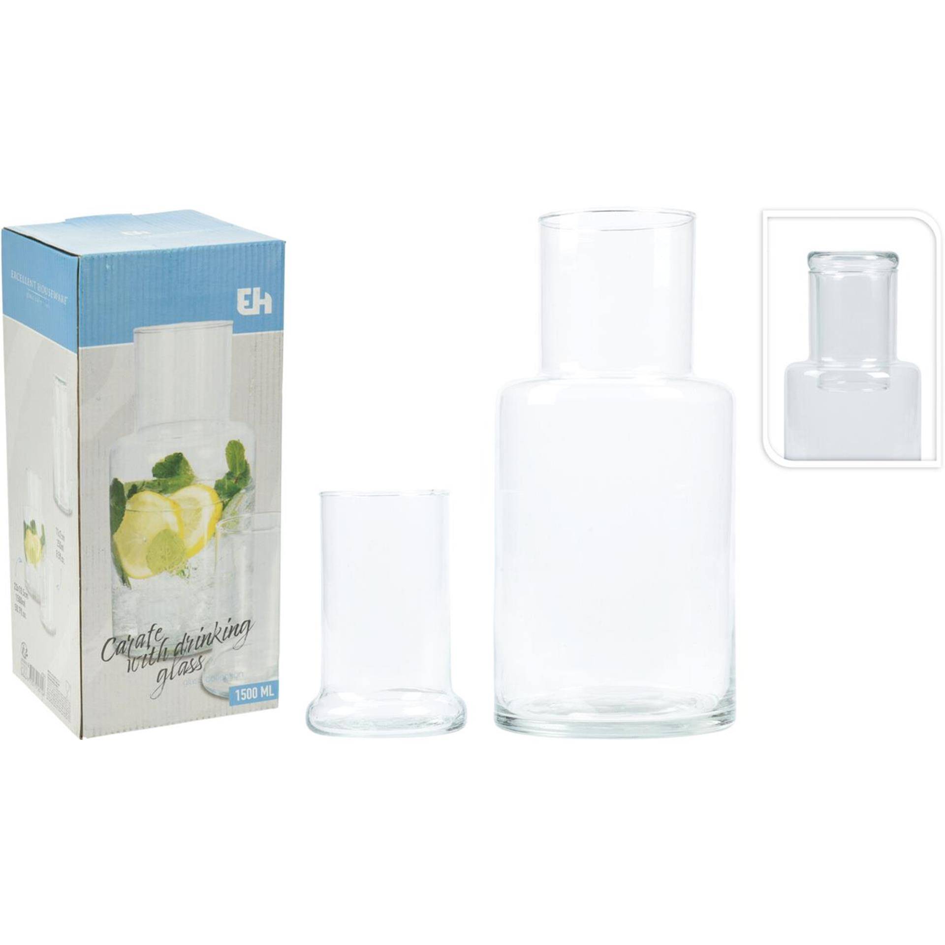 Excellent houseware waterkaraf met drinkglas 1500ml 87205735821488720573582148-1