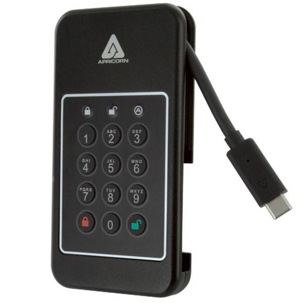 Apricorn 2TB SSD, USB 3.2 Gen.1 Type-C, 8MB buffer, 1000Mbps, AES 256 XTS, pincode-authenticatie, schokbestendig tot 150