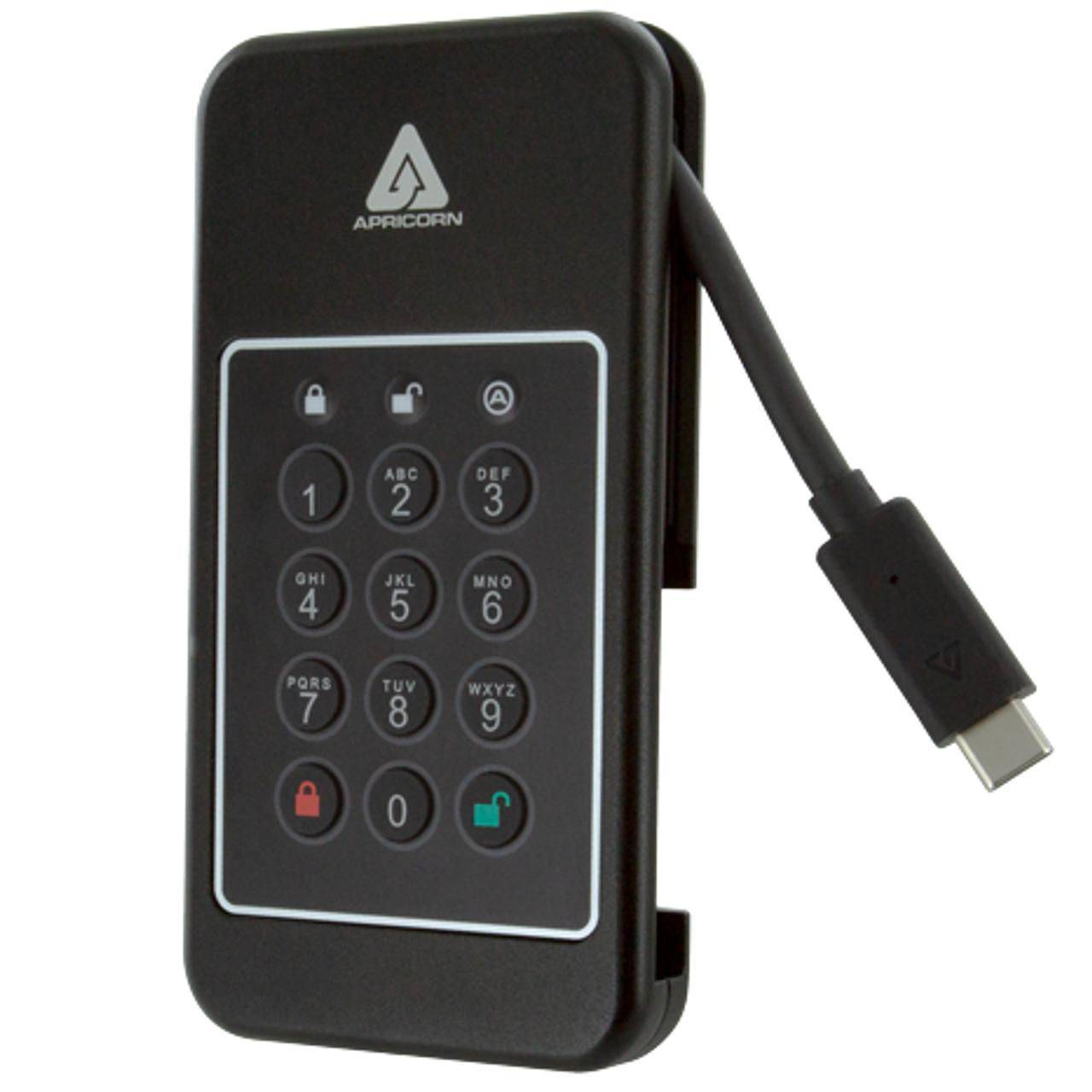 Apricorn 2TB SSD, USB 3.2 Gen.1 Type-C, 8MB buffer, 1000Mbps, AES 256 XTS, pincode-authenticatie, schokbestendig tot 150-0