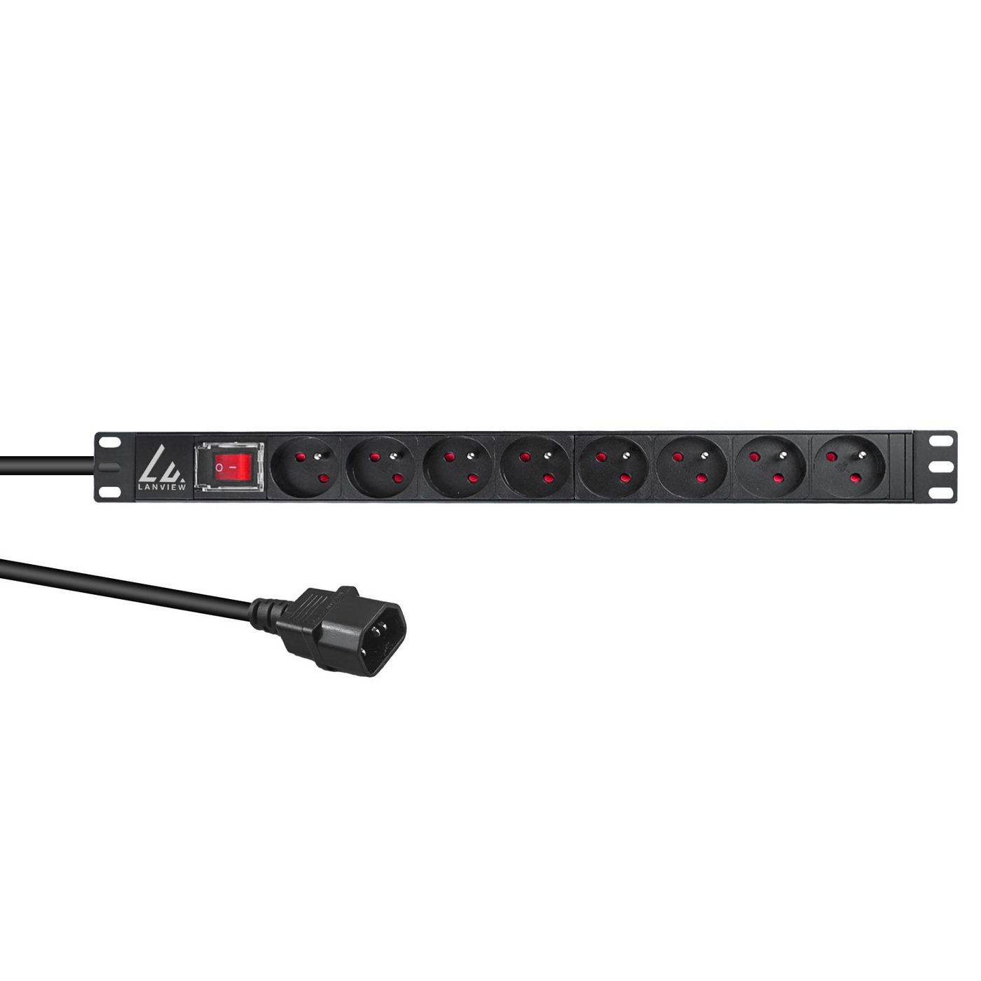 Lanview 19" rackmount stekkerdoos, 1U, 2m, 10A met 8 x Franse Type E Schuko stopcontacten, C14 stekker-0