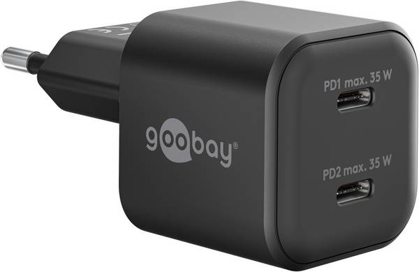Goobay nano USB lader | 2x USB-C PD | GaN | 35W | zwart