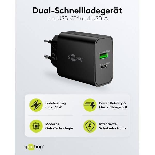 Goobay USB lader | USB-C PD + USB-A QC | GaN | 30W | zwart-1