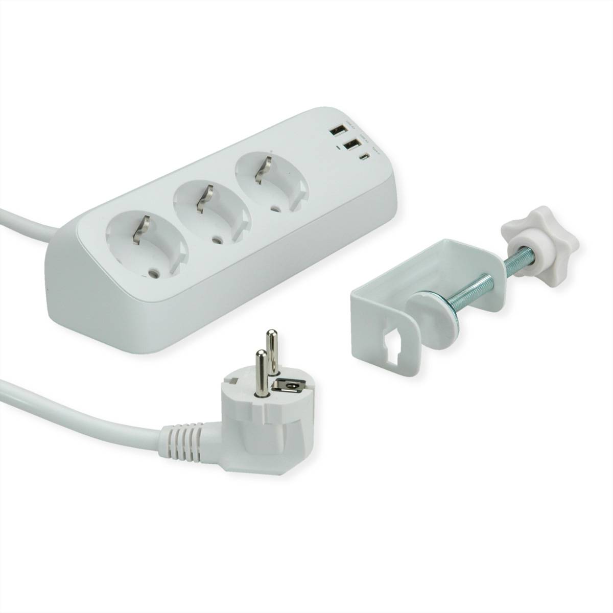 VALUE tafelstekkerdoos, 3-voudig met schakelaar, incl. 3x USB (2x A, 1x C), met tafelklem , 1,5 m-3
