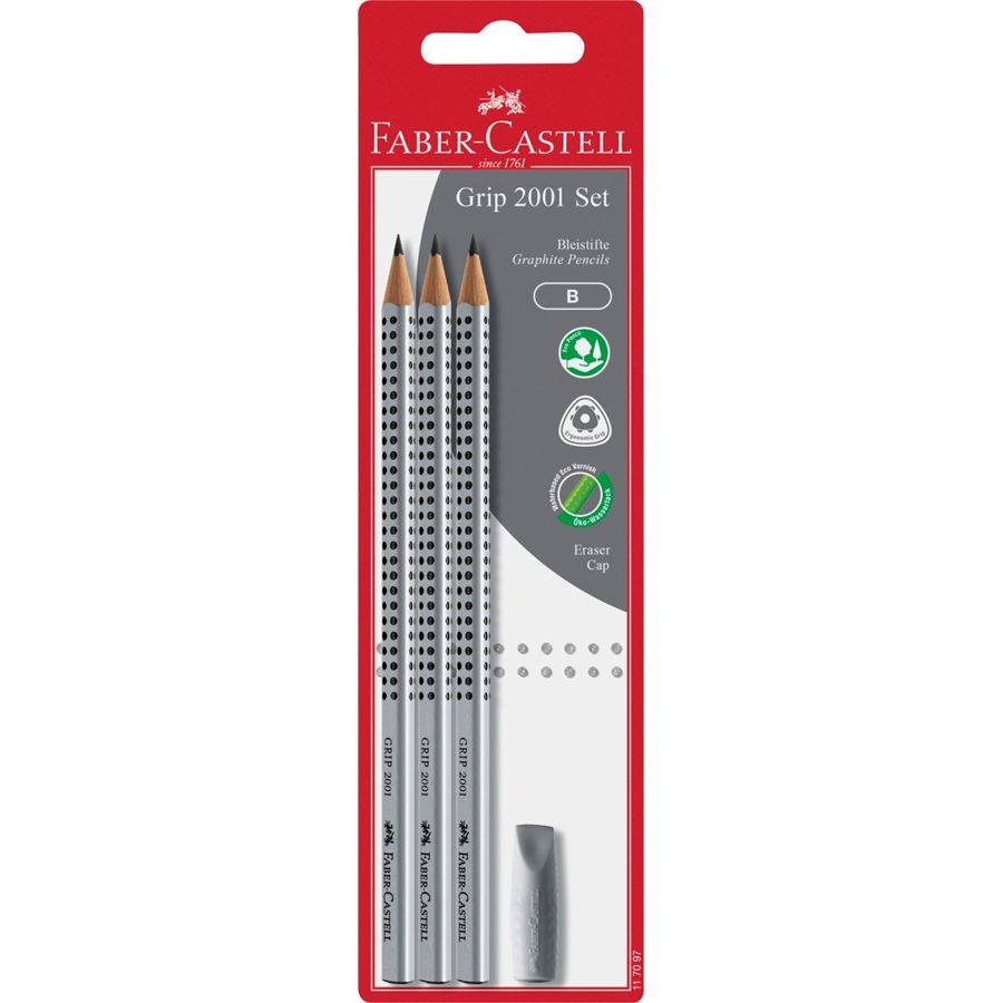 FABER-CASTELL Grip 2001 B potlood (3 stuks) + gum (zwart)-1