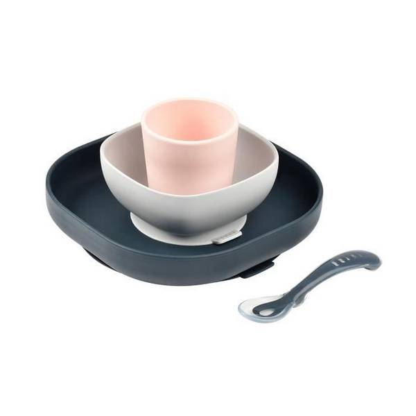 BEABA Siliconen Maaltijdset - Nachtblauw - Bord, Kom, Beker, Lepel - Baby 4 Maanden