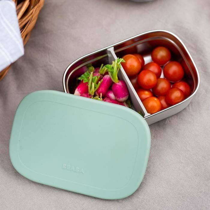 BEABA RVS Kinderlunchbox - Siliconen Deksel - Velvet Grijs en Saliegroen-1