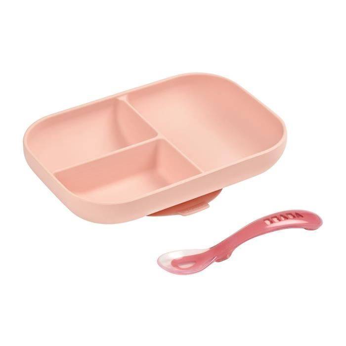 BEABA Baby Maaltijdset - Verdeelde Siliconen Bord + Lepel - Roze-0