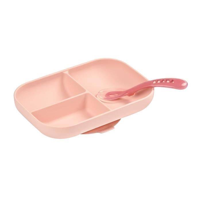BEABA Baby Maaltijdset - Verdeelde Siliconen Bord + Lepel - Roze-1