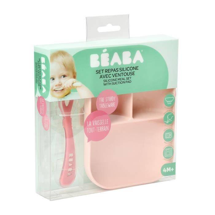 BEABA Baby Maaltijdset - Verdeelde Siliconen Bord + Lepel - Roze-2