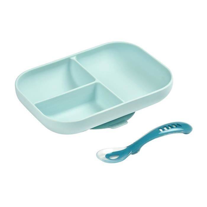 BEABA Baby Maaltijdset - Verdeelde Siliconen Bord + Lepel - Blauw-0