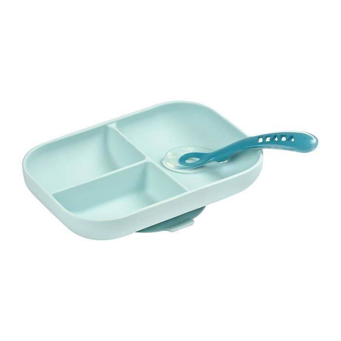 BEABA Baby Maaltijdset - Verdeelde Siliconen Bord + Lepel - Blauw-1