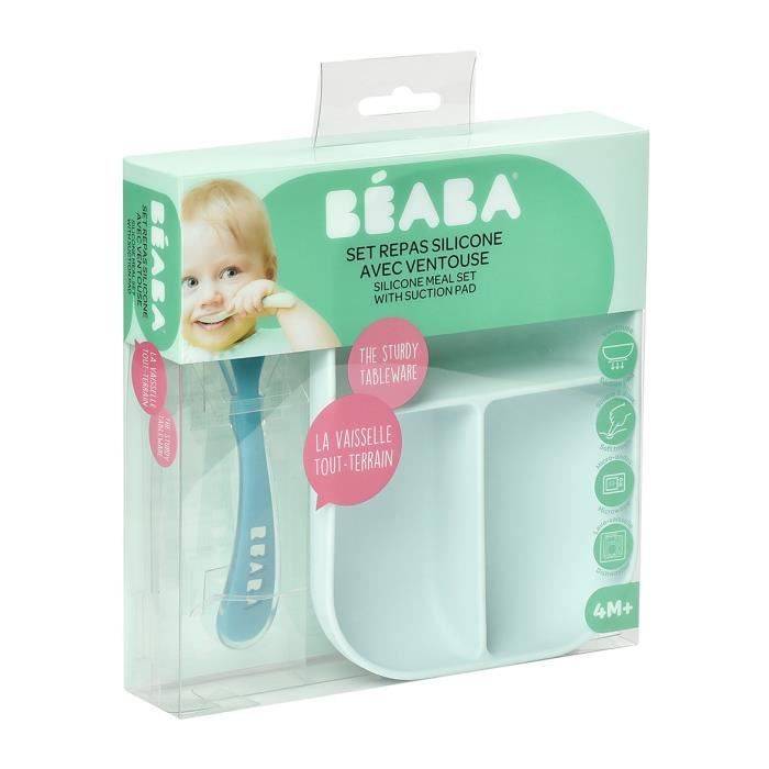 BEABA Baby Maaltijdset - Verdeelde Siliconen Bord + Lepel - Blauw-2