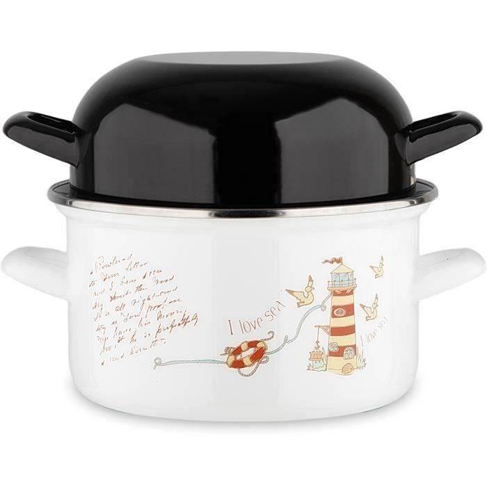 BAUMALU Kookpan 20 cm - Vuurtorenontwerp - Zwarte Deksel - Wit-0
