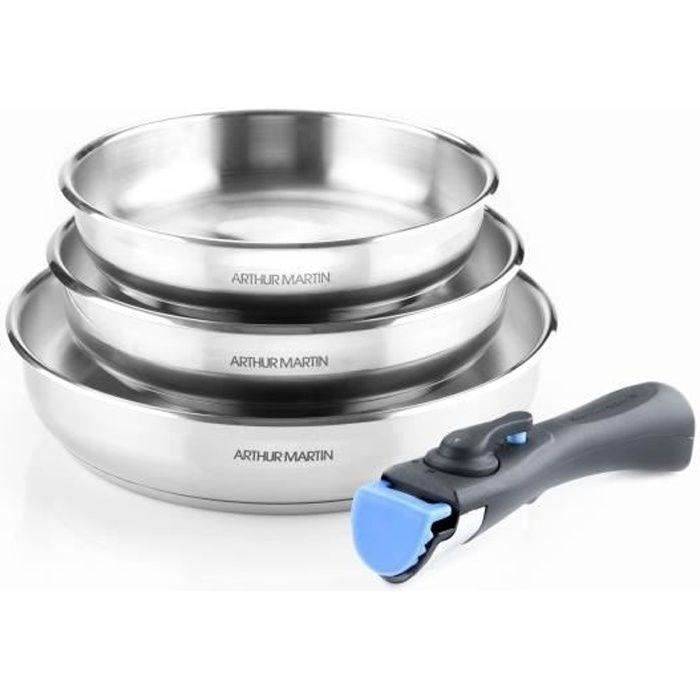Arthur Martin Koekenpannenset - AM1410 - RVS - 20-24-26 cm - Verwijderbare Handgreep 3-Piece-0