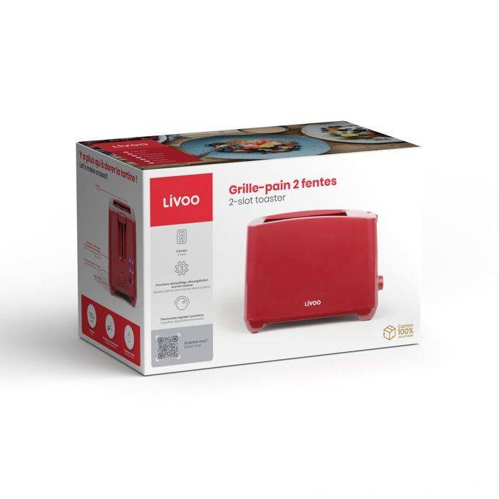 LIVOO Toaster DOD162RC - 750W - 2 Slots - Instelbare Thermostaat: 7 Niveaus - Rood 2-slice-4