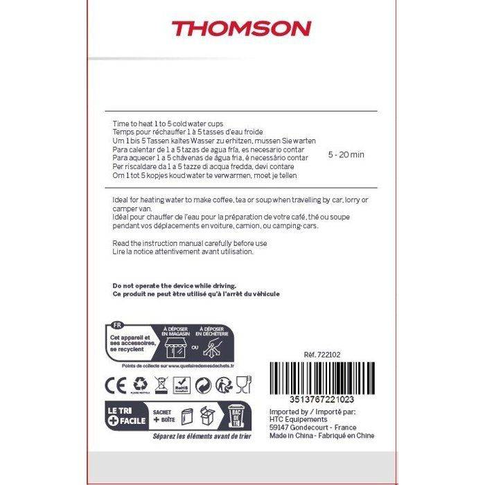 THOMSON 24V Waterkoker - 1,3 L - 250 W - Met 0,75 m Sigarettenaansteker Kabel-2