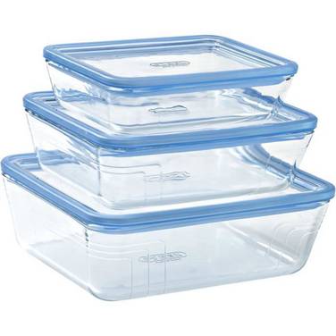 PYREX Set van 3 Opbergcontainers met Deksels - Zero Plastic - Glas - Rechthoekig - 0,8/1,5/2,6 L