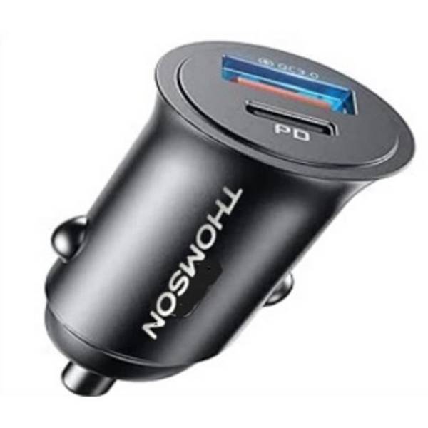 THOMSON ULTRA-COMPACT 12/24V USB-C PD 20W QC 3.0 18W Autolader (Totaal Vermogen: 30W)