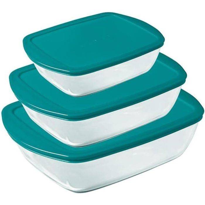 Pyrex Cook & Store Set van 3 Glazen Schalen met Deksel - Rechthoekig - 0.4/1.1/2.5 L-0