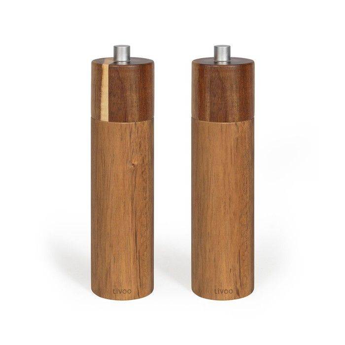 LIVOO Set van 2 Handmatige Zout- en Pepermolens - MEN425 - 40 ml - Acaciahout - Keramisch Maalwiel - Verstelbare Maalgra-0