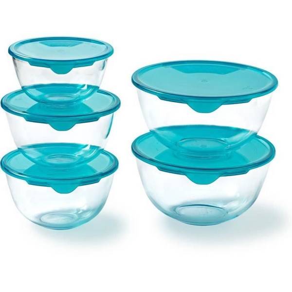 PYREX Set van 5 Schalen met Deksels - 1 x 0,5 L + 2 x 1 L + 2 x 2 L