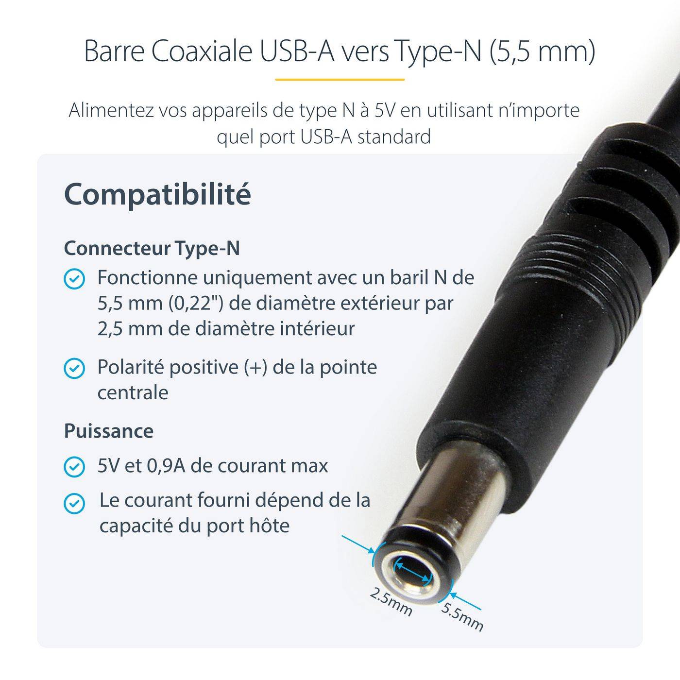 Symboolafbeelding voor StarTech.com 1 meter USB naar Type N Barrel 5V DC voedingskabel - USB A naar 5,5 mm DC - 1 meter USB naar 5,5 mm DC ste